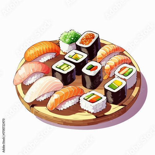 Anime Style Sushi Platter Vector Illustration with Nigiri and Rolls
