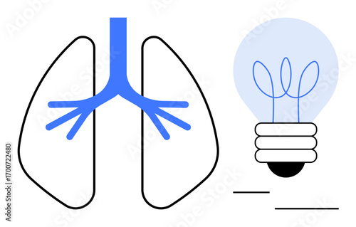 Abstract depiction of lungs with blue airways next to a glowing light bulb symbolizing creativity. Ideal for health, innovation, inspiration, sustainability, biology, medicine, and energy themes