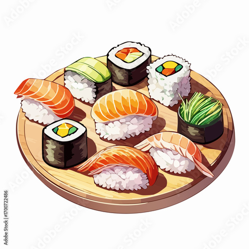Anime Style Sushi Platter Vector Illustration with Nigiri and Rolls