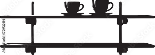 Black silhouette of two coffee cups and saucers on a two-tiered shelf Keywords: coffee cup, saucer, beverage, drink, silhouette, black and white, graphic, design, object, isolated, white