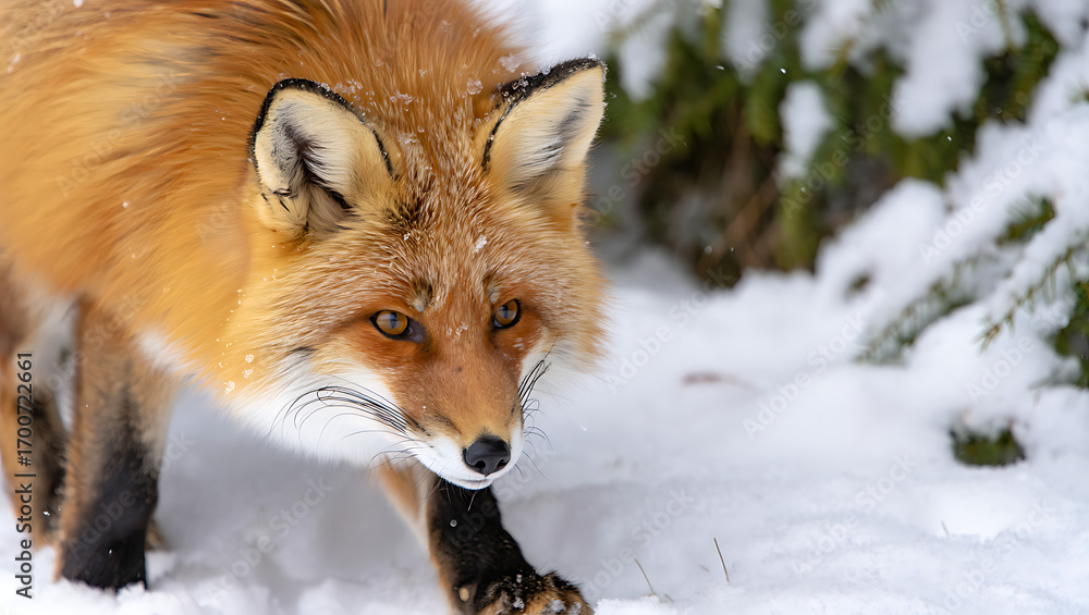 Fototapeta premium A red fox cautiously walks through a snowy forest, its fur dusted with snowflakes