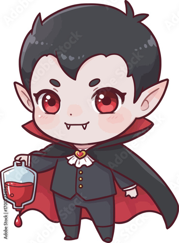 Cute chibi vampire holding a blood bag with a playful smile