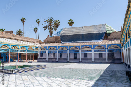 Traditional moroccan architecture with intricate details and vibrant colors at the bahia palace courtyard, currently under renovation