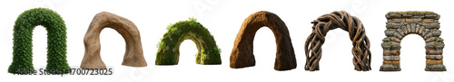 Archways set including foliage, natural rock, moss-covered, textured stone, and gnarled wood styles isolated. Architectural and decorative elements for design.