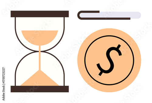 Minimalist hourglass with flowing sand, large coin with dollar sign, and progress bar. Ideal for productivity, time management, investment, business strategy, efficiency, deadlines and goal