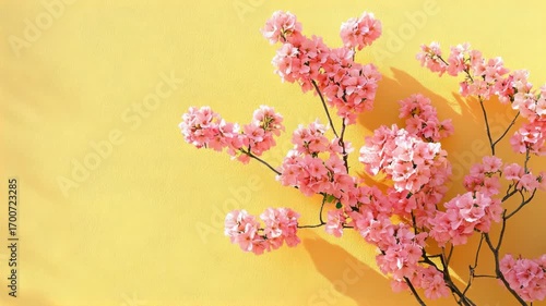 Pink flowers on yellow wall