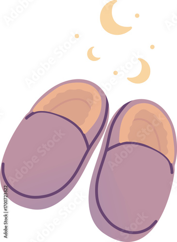 Cute cozy slippers with soft lining and floating moon shapes, bedtime illustration perfect for sleep projects, relaxation designs, wellness, and dreamy lifestyle graphics.