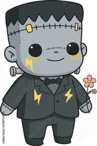 Cute Frankenstein monster with flower and lightning bolts