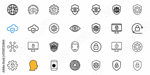 Collection of security and technology icons in various styles and themes displayed on a clean white background
