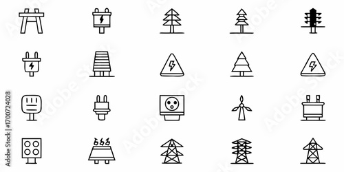 Collection of electricity and energy related icons featuring power lines and warning signs in a grid layout