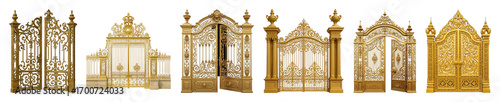 Ornate golden gate set including various styles, open and closed, with intricate scrollwork and classical archways isolated. Grand architectural elements for luxury design.