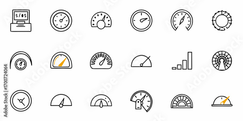 Collection of outline style icons representing speedometers clocks and a cash register machine icon set