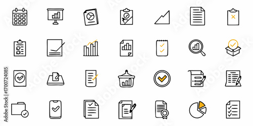 Illustration of various business and data related icons including charts and documents design set
