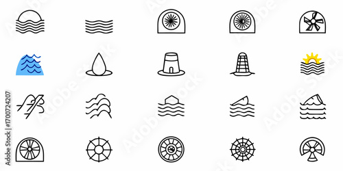 Collection of nautical themed icons featuring waves, water, sun, and maritime structures in simple style