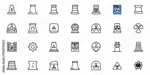 Collection of nuclear energy and radiation hazard icons in a grid pattern with various designs and styles
