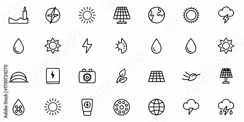 Illustration of various energy and environmental icons in a simple line art style arrangement