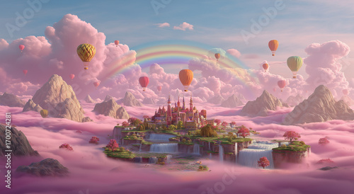 Fantasy landscape with castle, waterfalls, hot air balloons and pink clouds