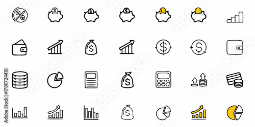 Illustration of financial icons including piggy banks, graphs, wallets, and money bags in black and yellow