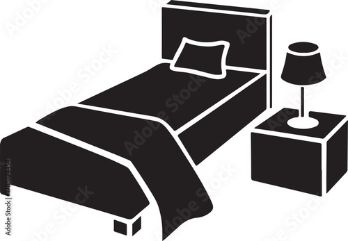 Silhouette of a single bed with a nightstand and lamp in a bedroom setting Keywords: bed, single bed, bedroom, furniture, interior, nightstand, lamp, lighting, pillow, blanket, domestic, home
