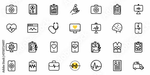 Collection of medical icons including heart monitor clipboard and doctor coat in black and white style