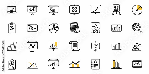 Collection of business data analysis and presentation icons including graphs charts and diagrams for reports