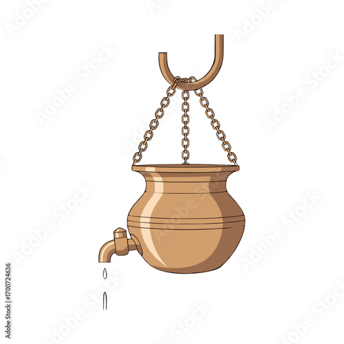 Ayurvedic massage pot (Shirodhara vessel), suspended brass pot with chain