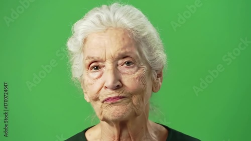 Portrait of a skeptical senior woman with a doubtful expression on a green screen background