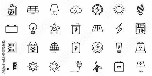 Collection of various energy related icons including solar panels batteries and wind turbines shown in black lines