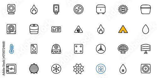 Collection of various outline icons including fire flame dice and speaker arranged in a grid pattern