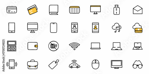 Illustration showing various technology and business icons arranged in a grid like pattern on white background