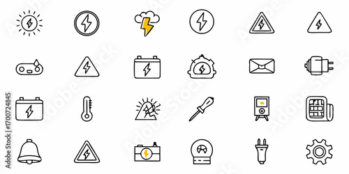 Collection of electrical and energy related icons featuring lightning bolts, batteries, and other symbols