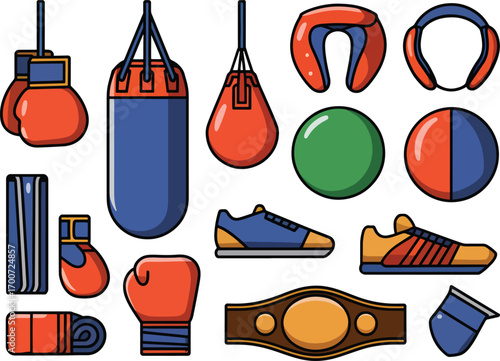 Set of Boxing equipment vector illustration, gloves, punching bag, shoes, belt, helmet, mouthguard, training accessories, fitness sport design