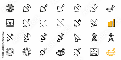 Collection of communication icons featuring satellite dishes and signal towers in black and yellow color