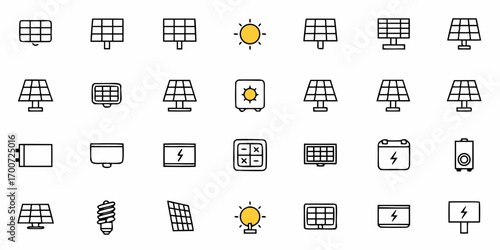 Illustration of solar panels, sun, battery, light bulb and other energy related symbols in a grid format