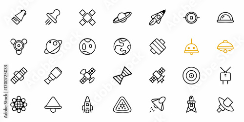 Collection of twenty four space and science themed line art icons arranged in a grid pattern