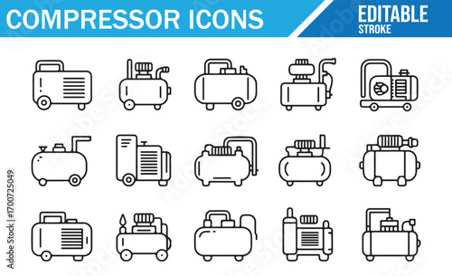 Portable and stationary compressor icons in editable stroke line art style