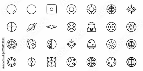 Collection of various outline icons depicting celestial bodies and space related objects in a grid format