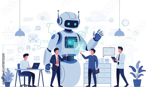 Business team interacting with a large robot in a modern office isolated on white background