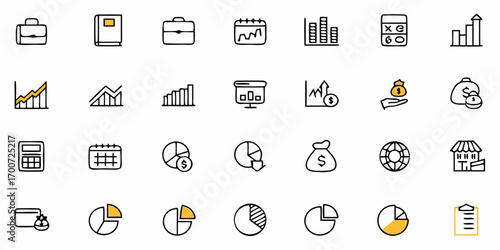 Collection of hand drawn business and finance icons including charts and graphs and office supplies