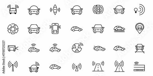 Depiction of various autonomous vehicle features and related technology in simple line drawings format design