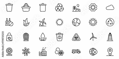 A collection of outlined icons representing environmental themes such as recycling and renewable energy sources