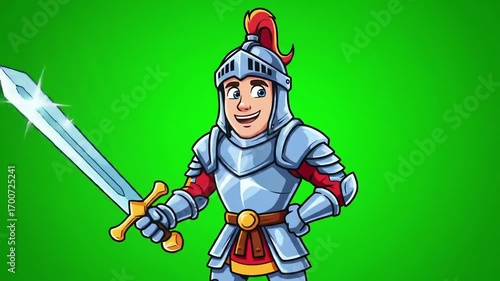Brave cartoon knight character in shining metal armor holding a sword on a green screen background