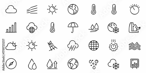 Collection of weather icons including cloud, sun, rain, temperature, wind, and earth elements
