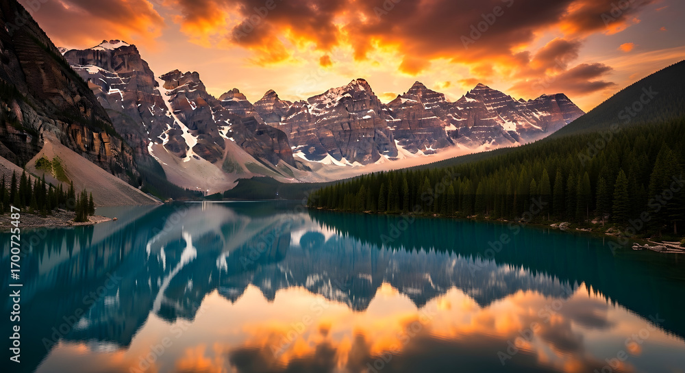 Fototapeta premium Majestic mountain range reflected in a serene turquoise lake at sunset