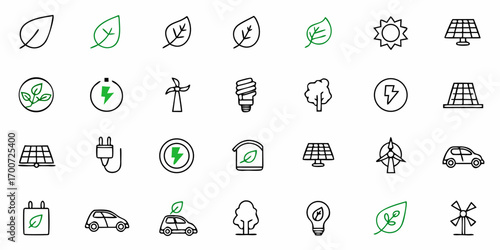 Collection of eco friendly icons representing nature energy and sustainable living in a clean design style