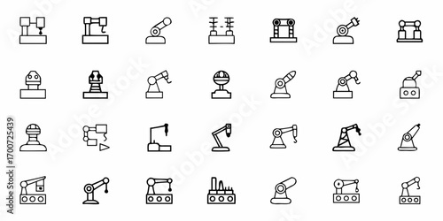 Illustration of various industrial robots and automation machinery in a minimalist line art style