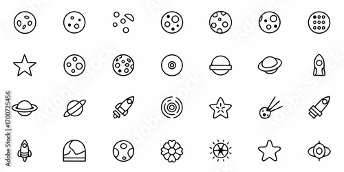 Collection of space themed icons including planets stars rockets moons and other celestial objects artfully arranged