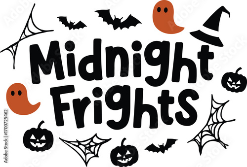 Midnight frights halloween theme with bats ghosts pumpkins spiders web and witch hat vector t shirt design
