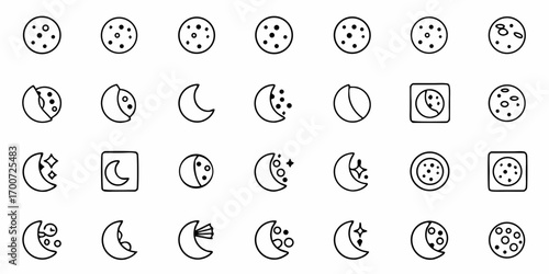 Collection of moon phases and celestial bodies in various shapes and configurations line art style vector