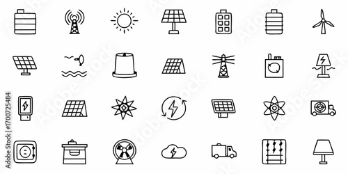 Illustration of various energy and power related icons including solar panels and wind turbines and batteries